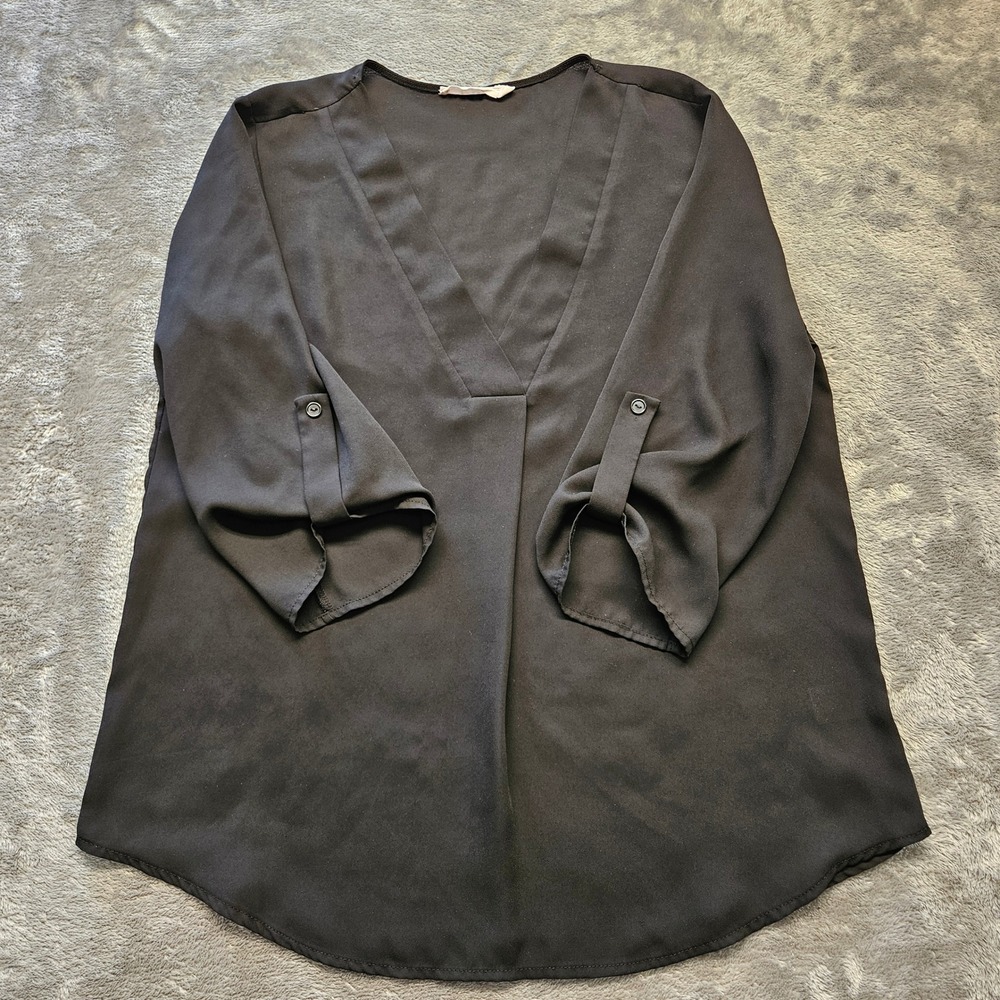 Lush Black Henley V-Neck Roll Tab Sleeve Blouse Womens Medium